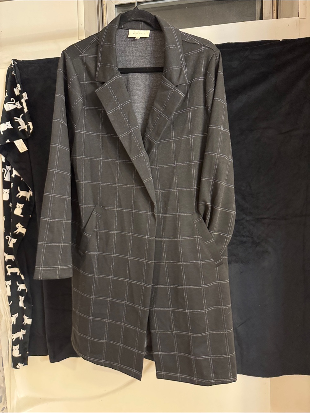 Windowpane Plaid Long Coat - Gray